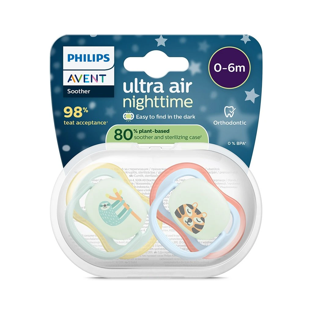 Philips Avent Sucettes Ultra Air Nighttime 0-6M Paresseux/Tigre